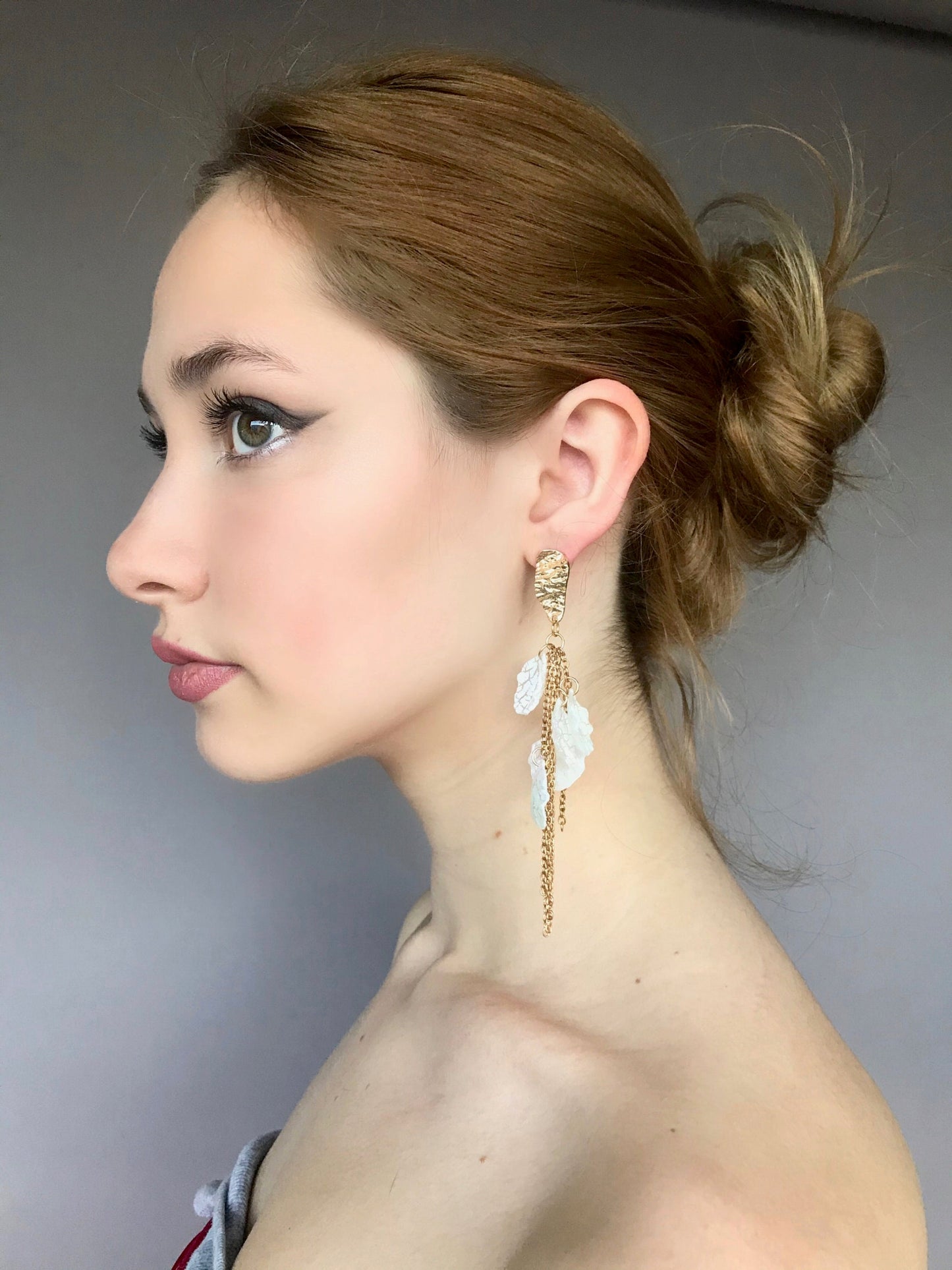 Gold chain white petal earrings