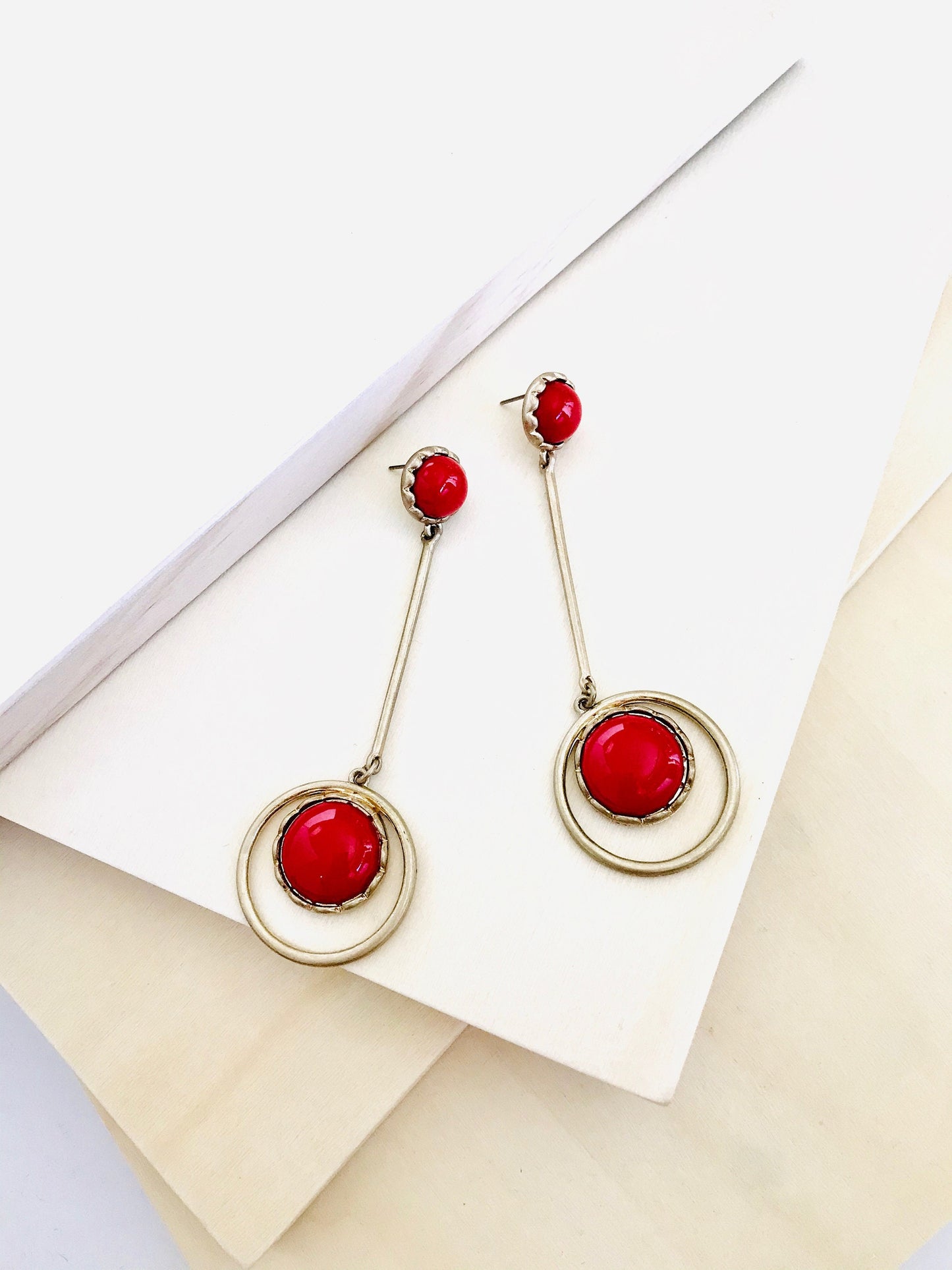 Large coral disk drop earrings