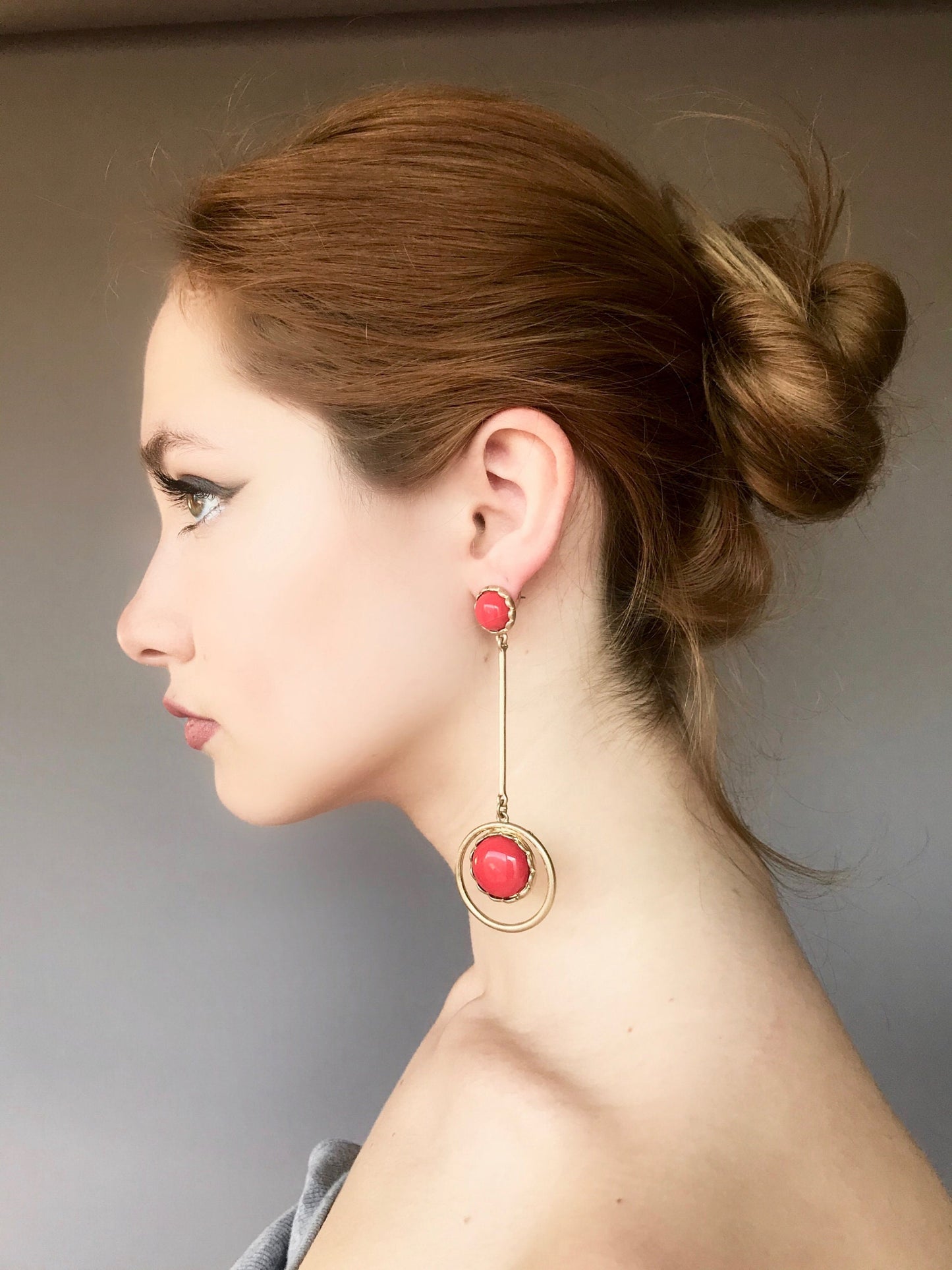 Large coral disk drop earrings
