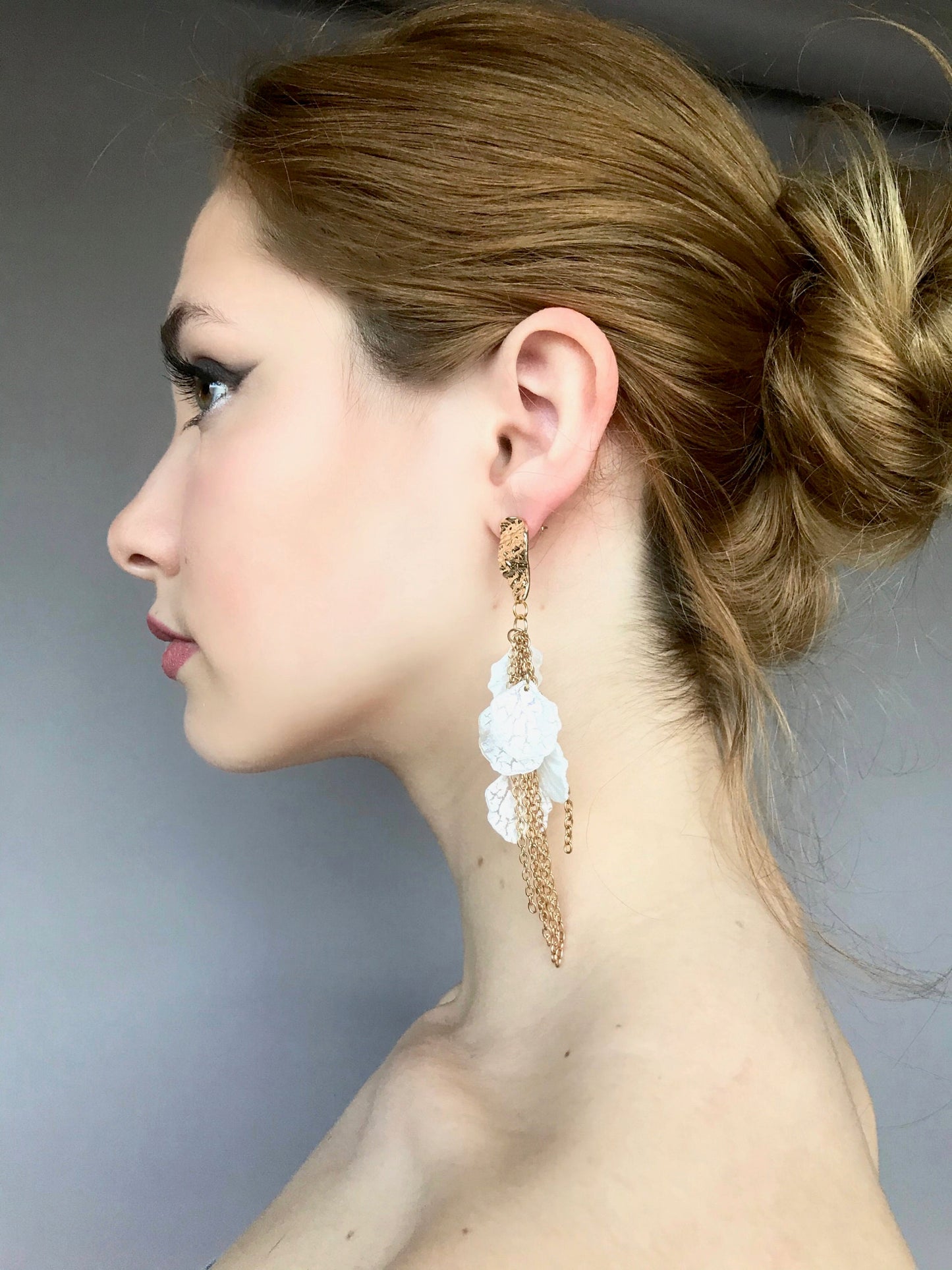 Gold chain white petal earrings