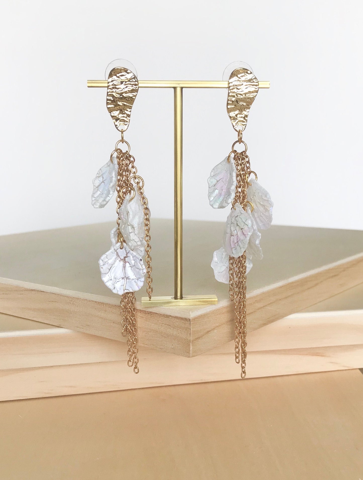 Gold chain white petal earrings