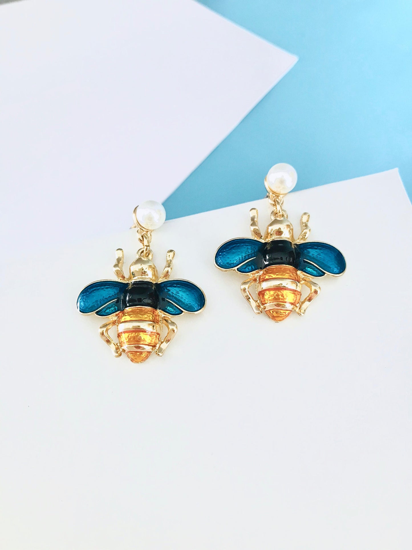 Blue bee earrings