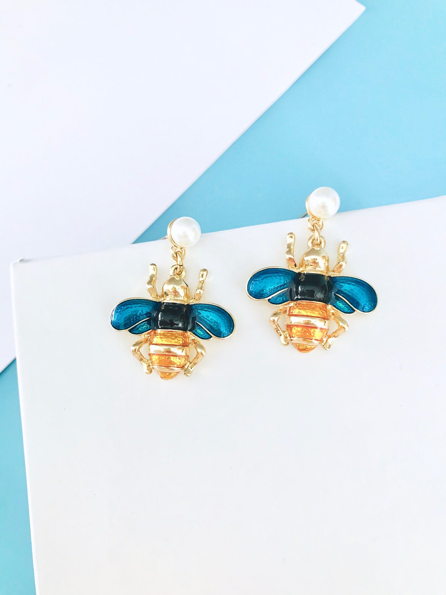 Blue bee earrings