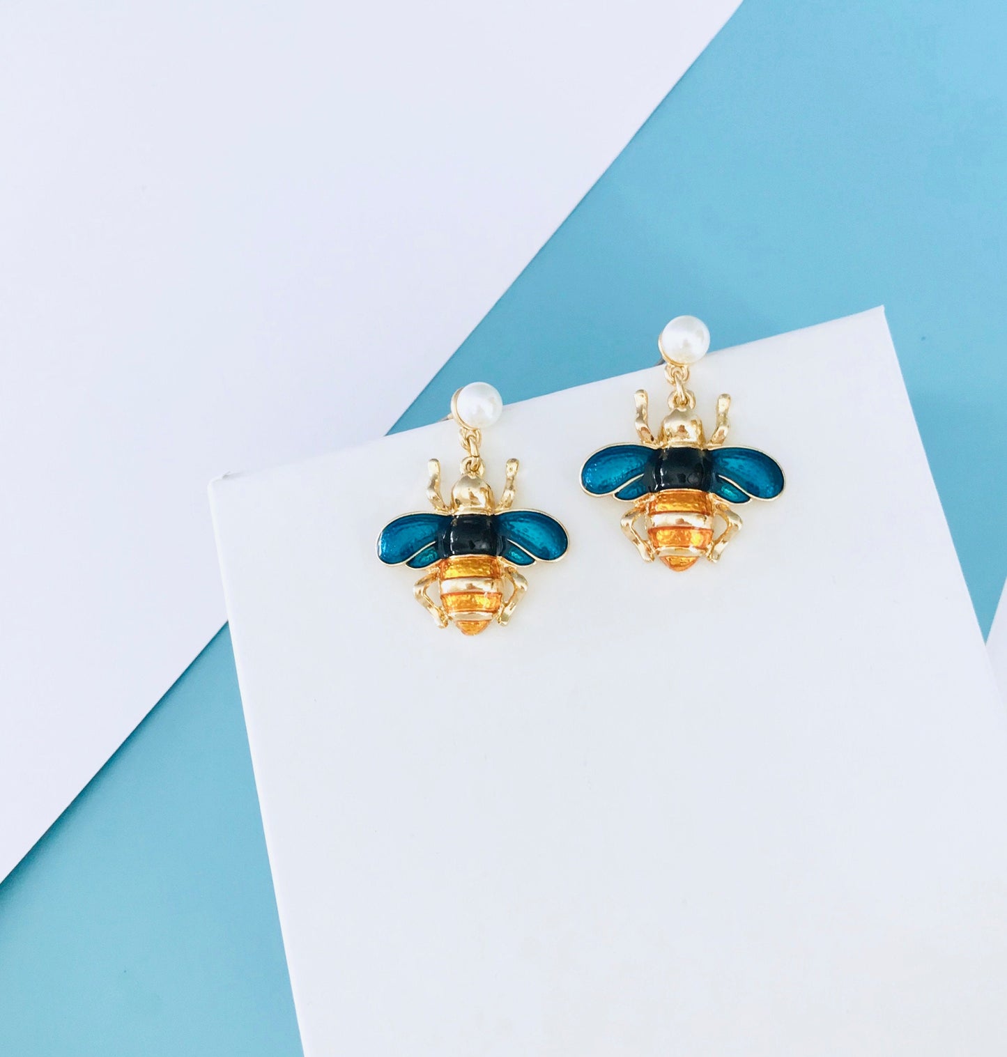 Blue bee earrings