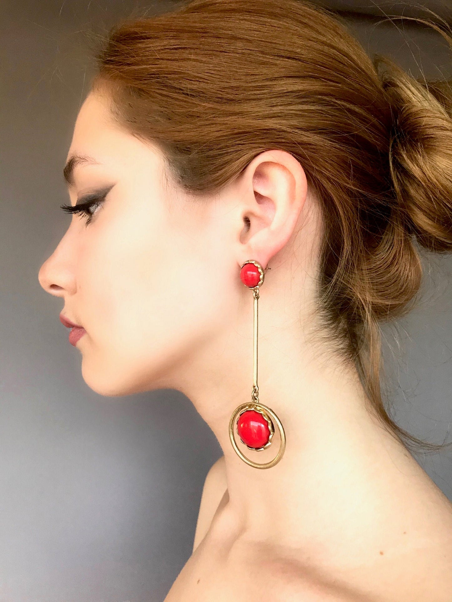 Large coral disk drop earrings