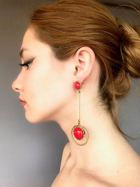 Large coral disk drop earrings