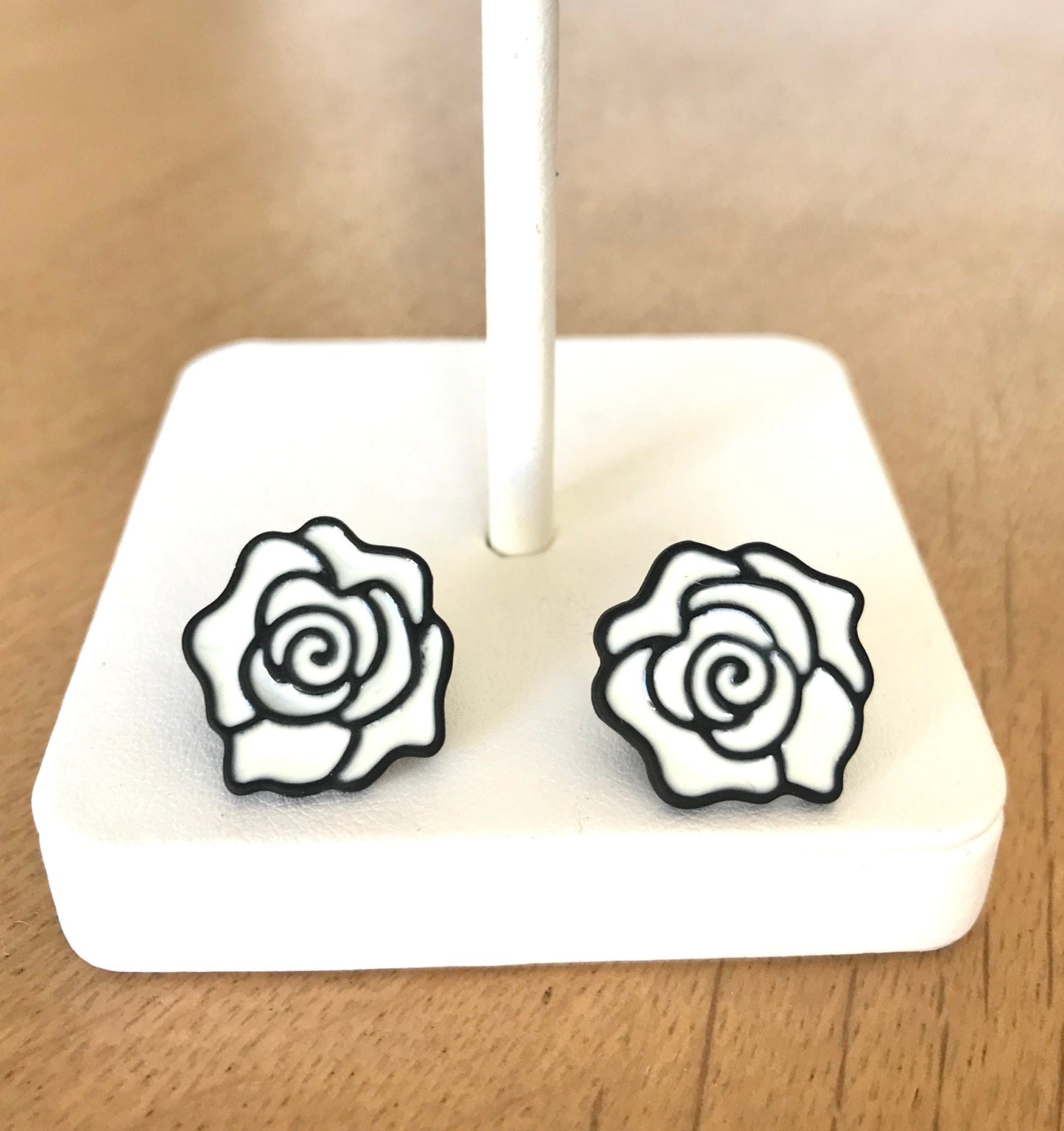 Black and white rose studs earrings