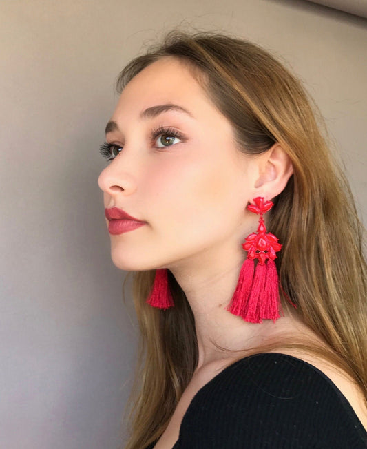 Red tassels statement earrings