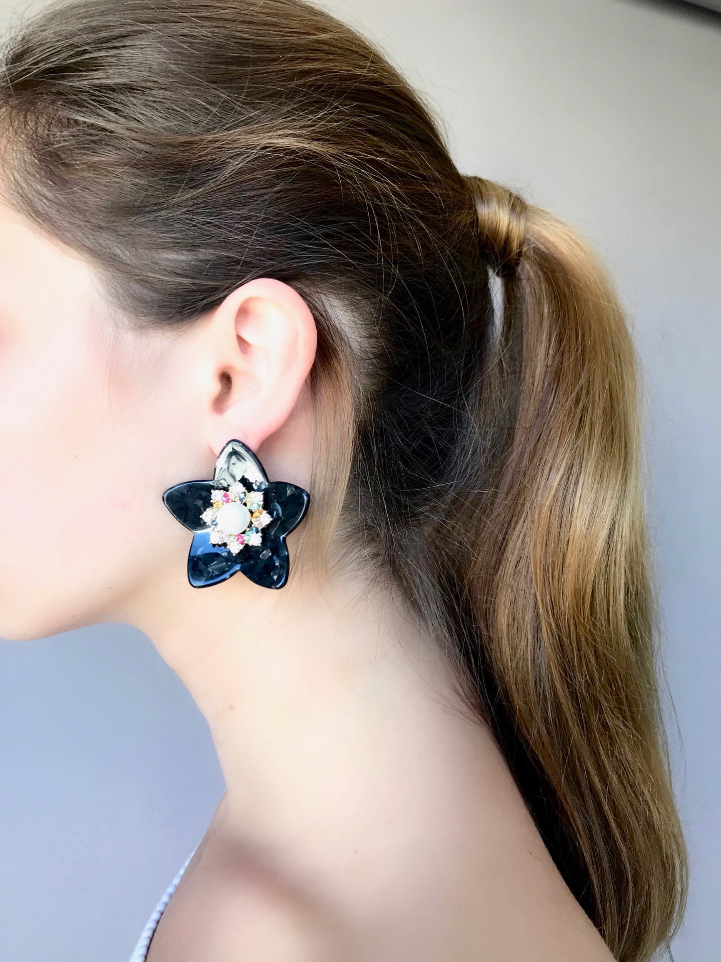 Large black flower earrings