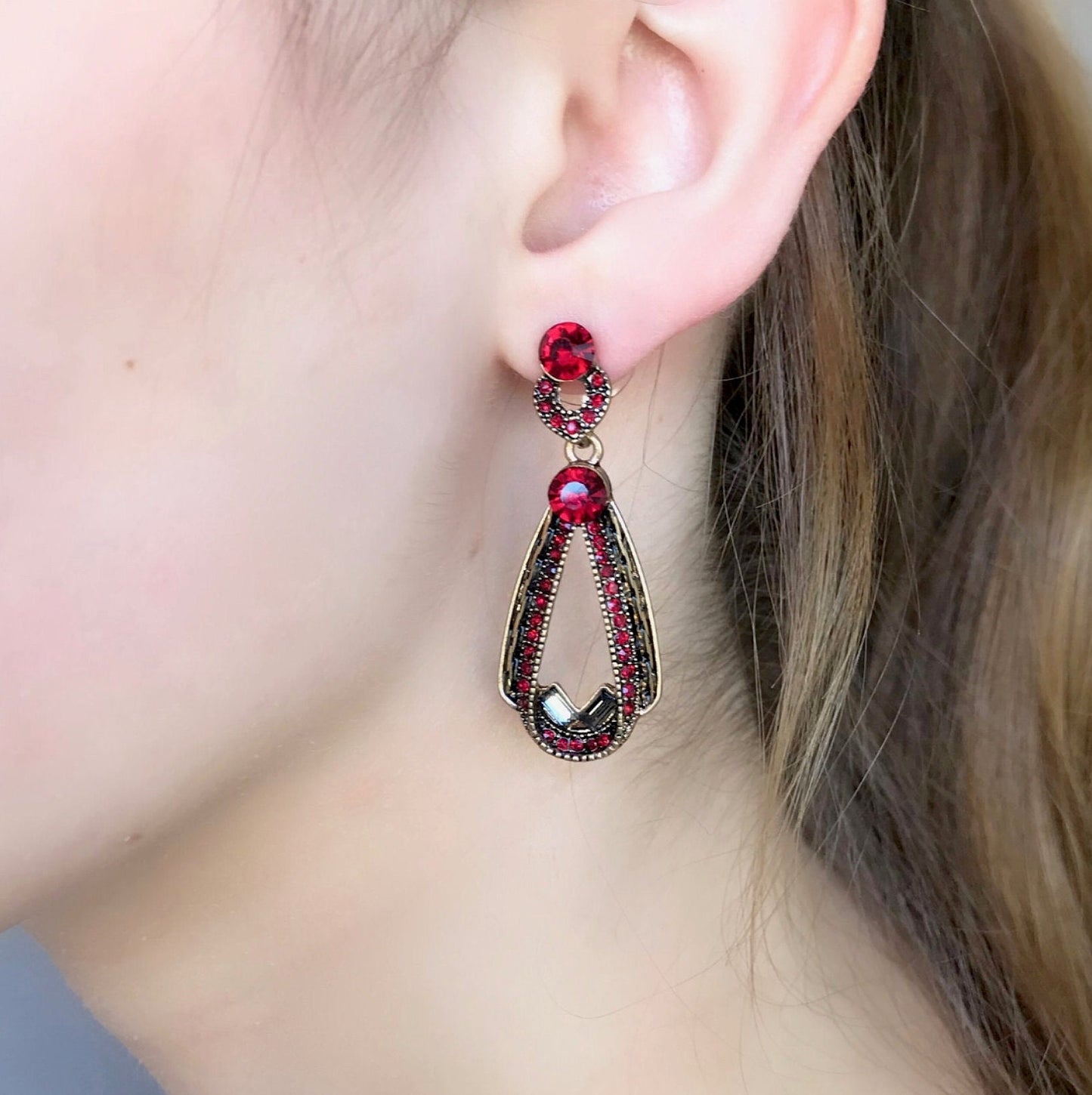 Red art deco crystal drop earrings