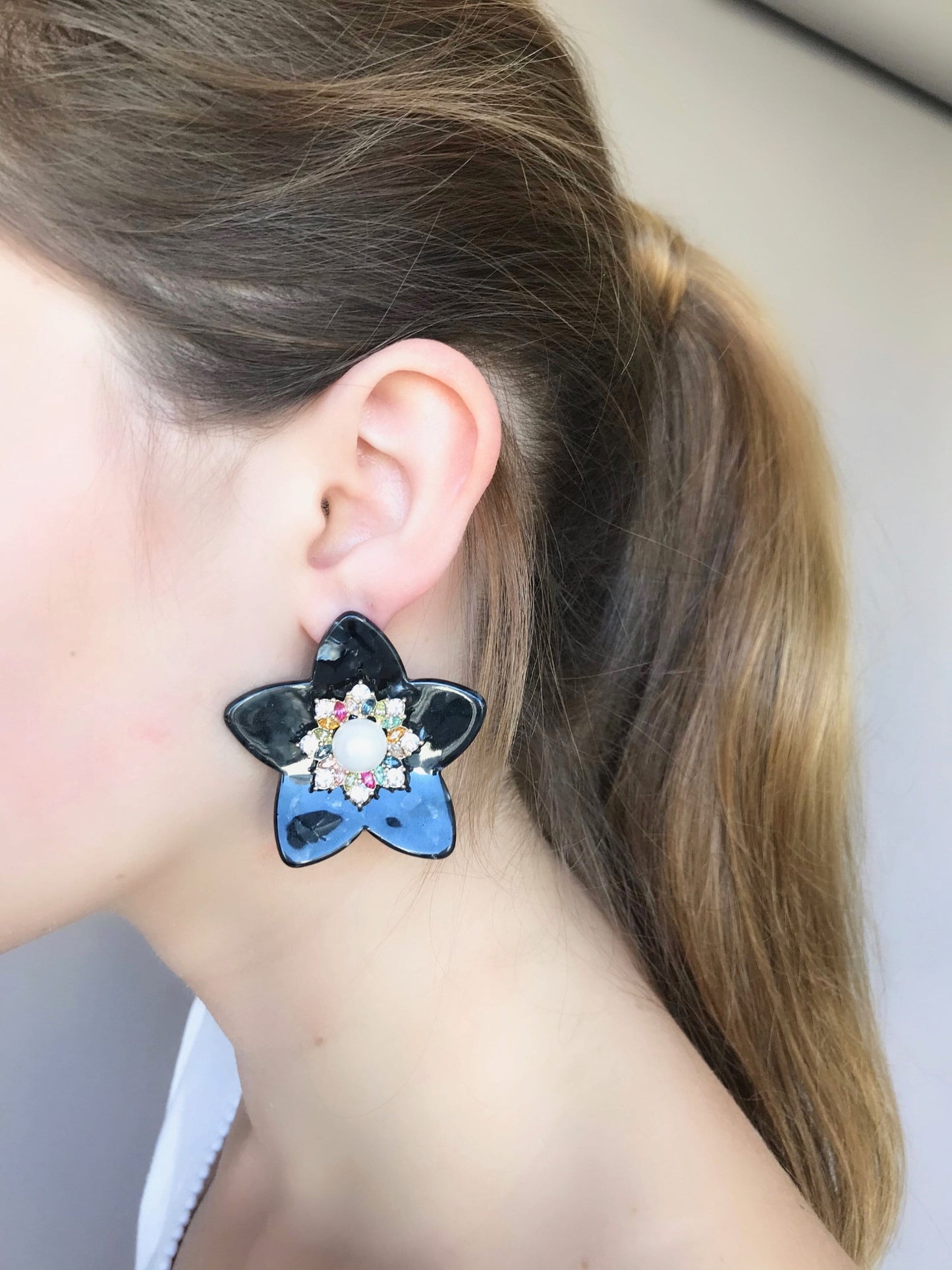 Large black flower earrings