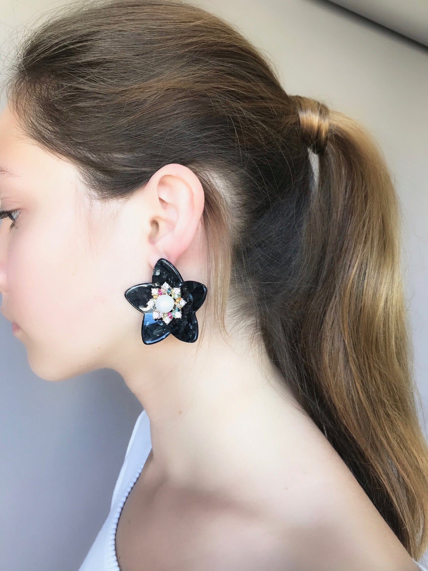 Large black flower earrings