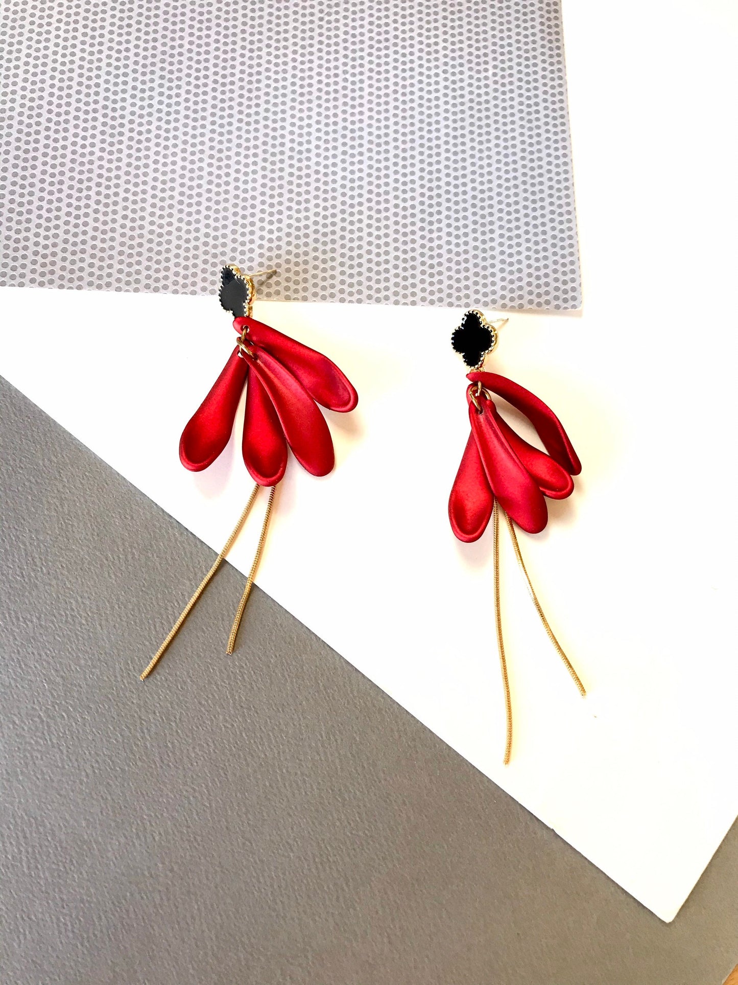 Red petal drop earrings clover earrings