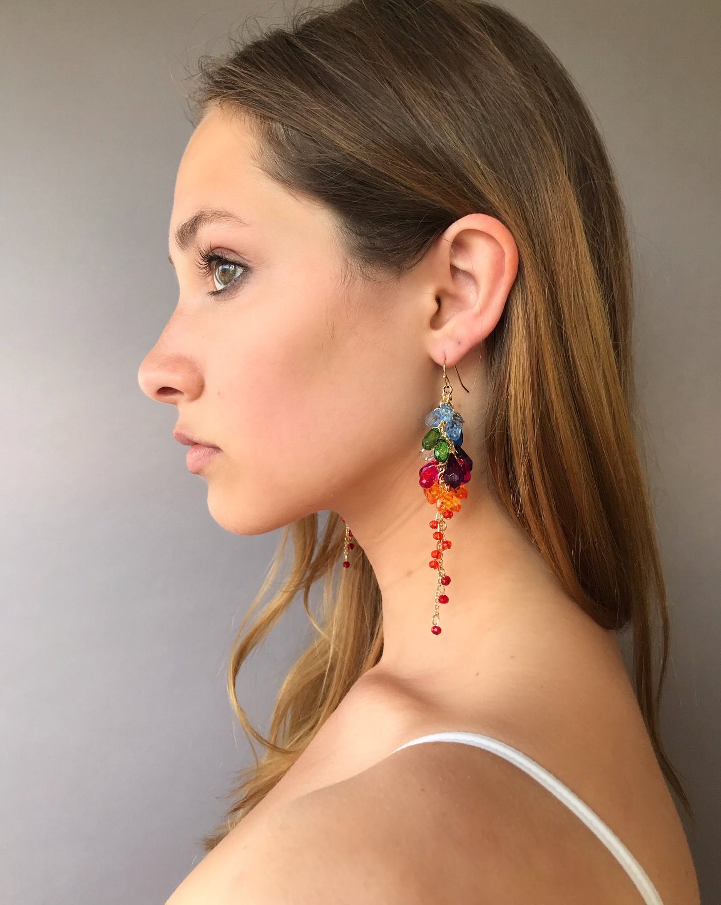 Long drop multi-color beaded earrings