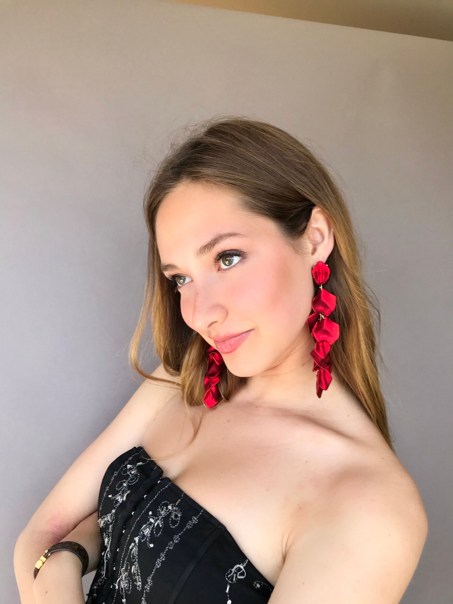 Red long drop petal earrings