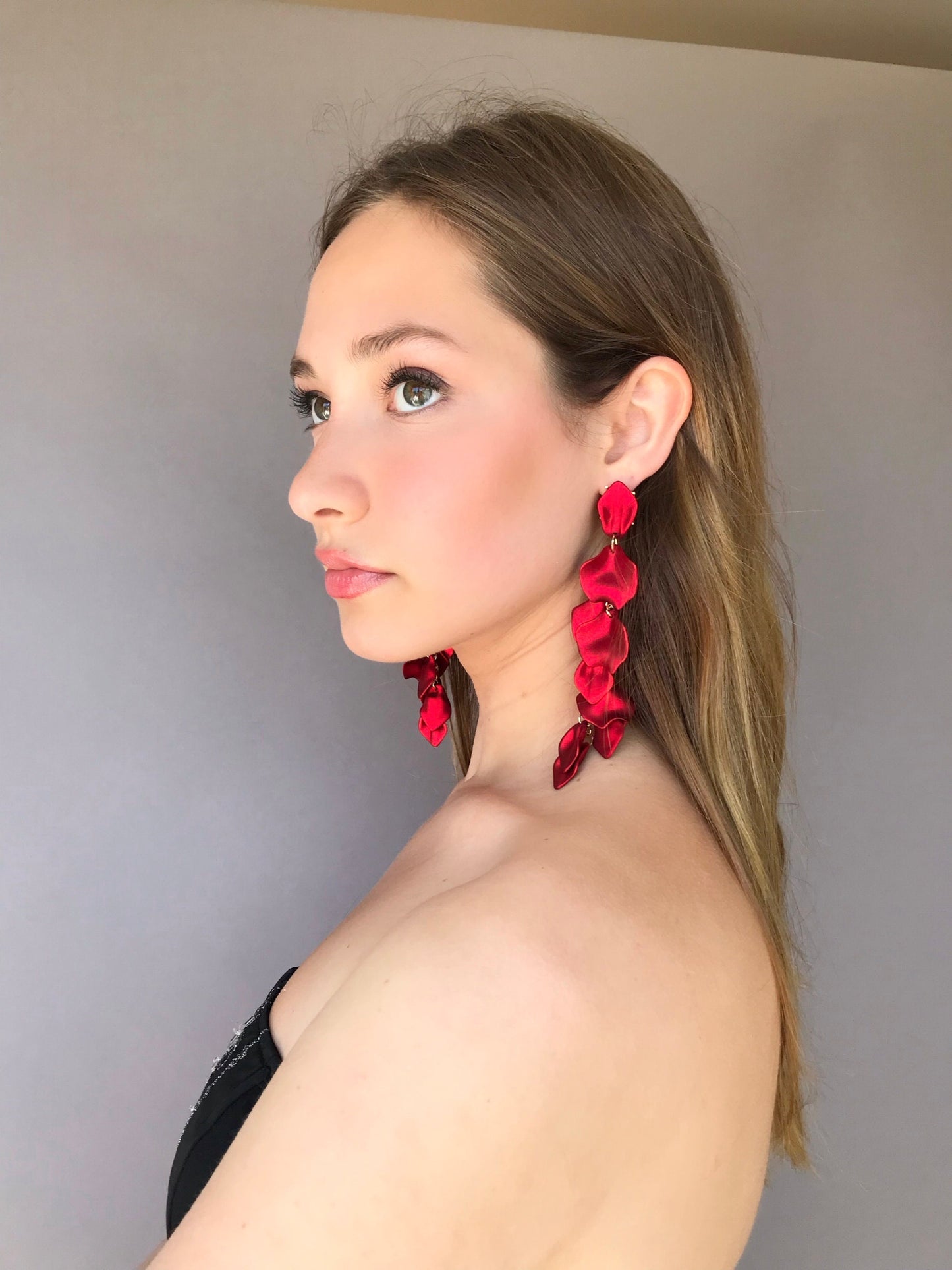 Red long drop petal earrings