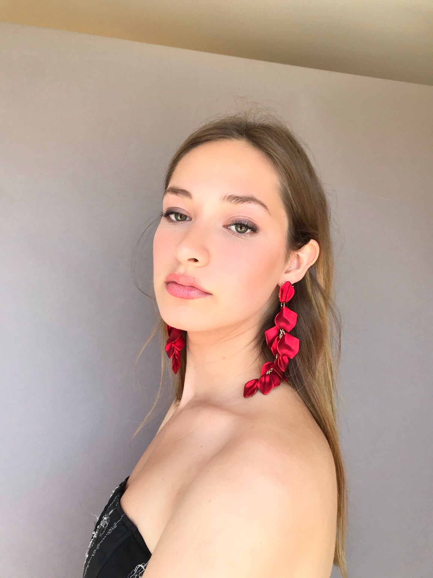 Red long drop petal earrings