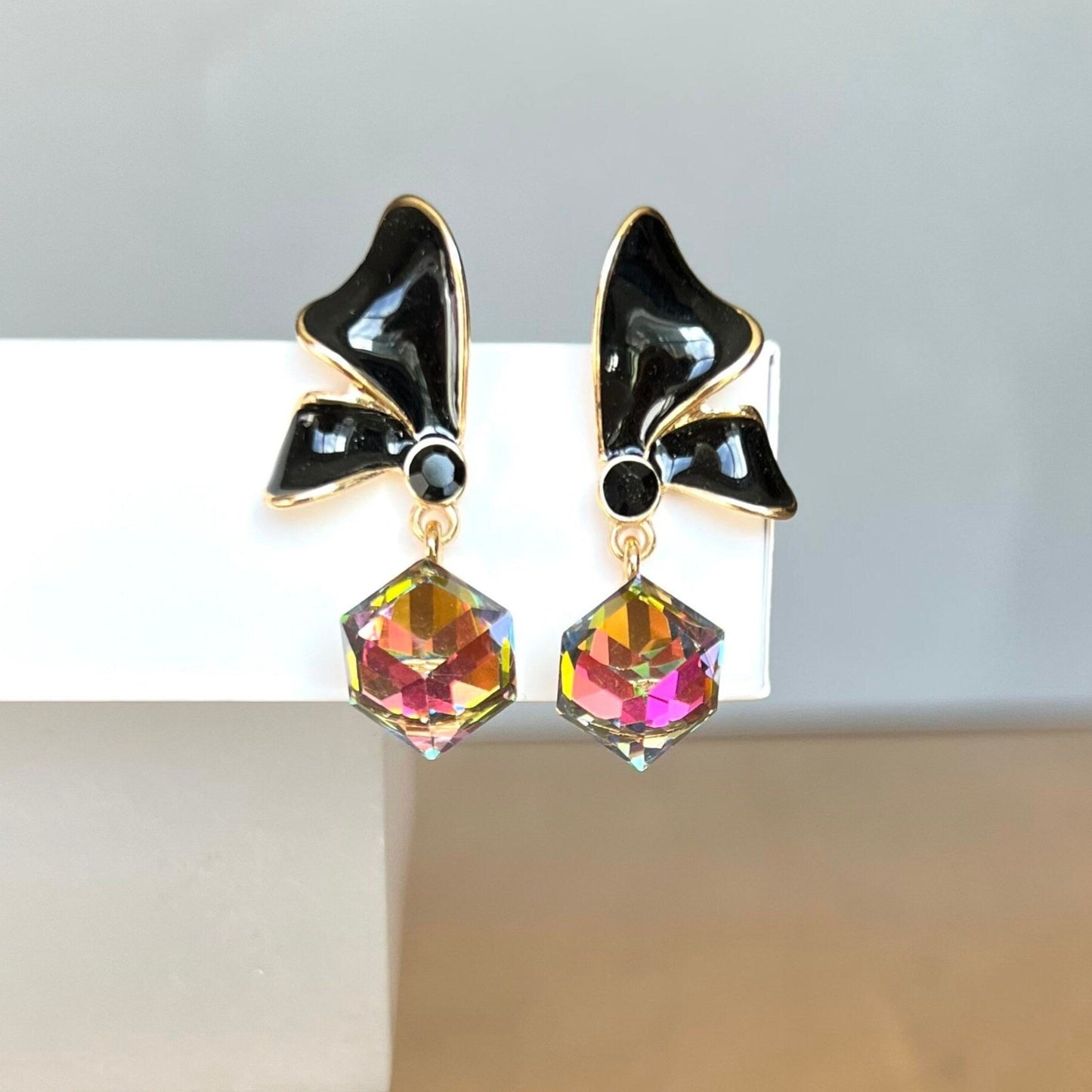 Black bow crystal earrings