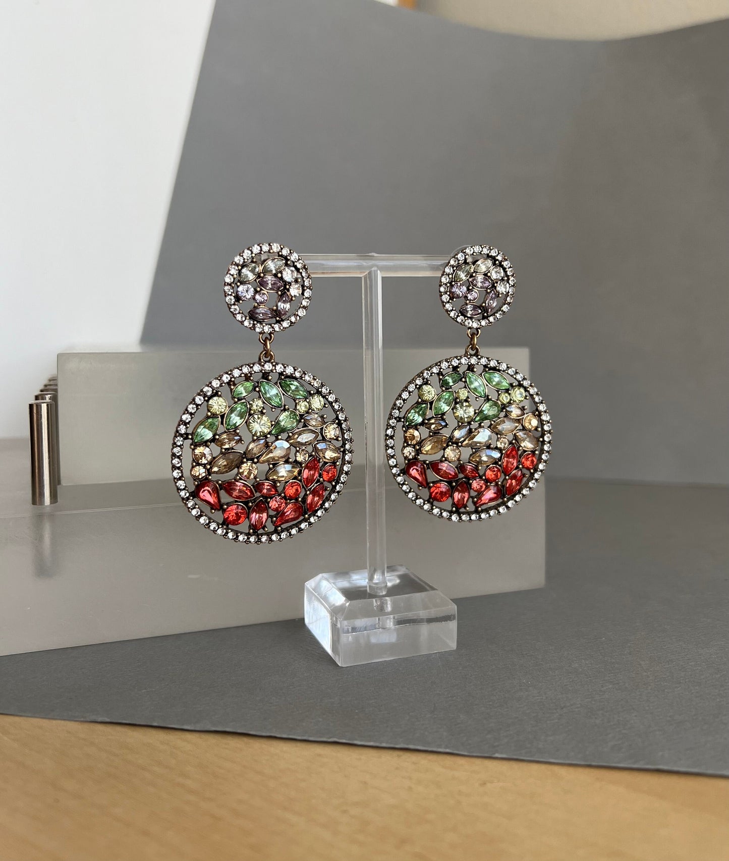 Statement crystal earrings, large crystal disk earrings, multi color earrings,