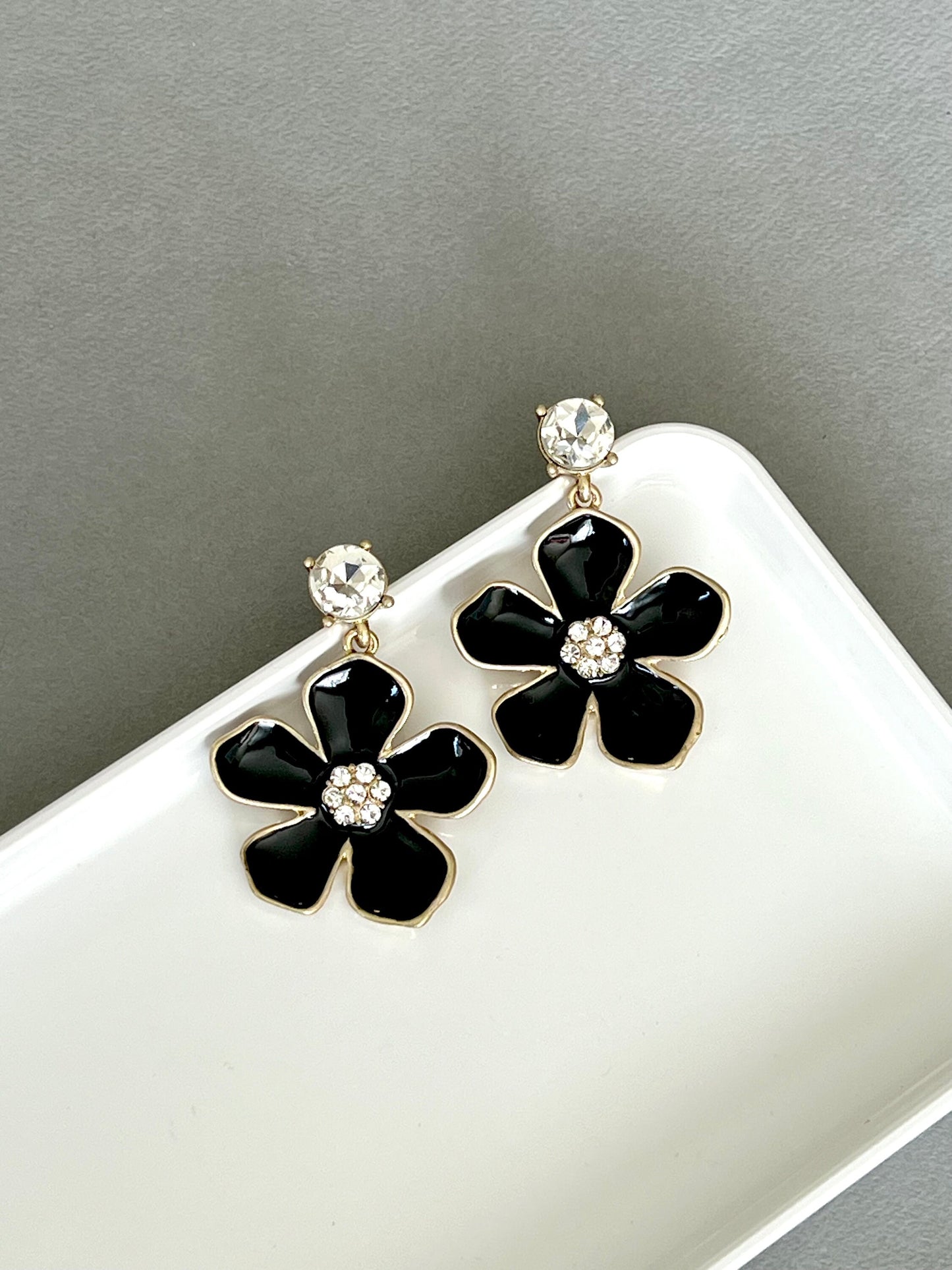 Large black flower earrings