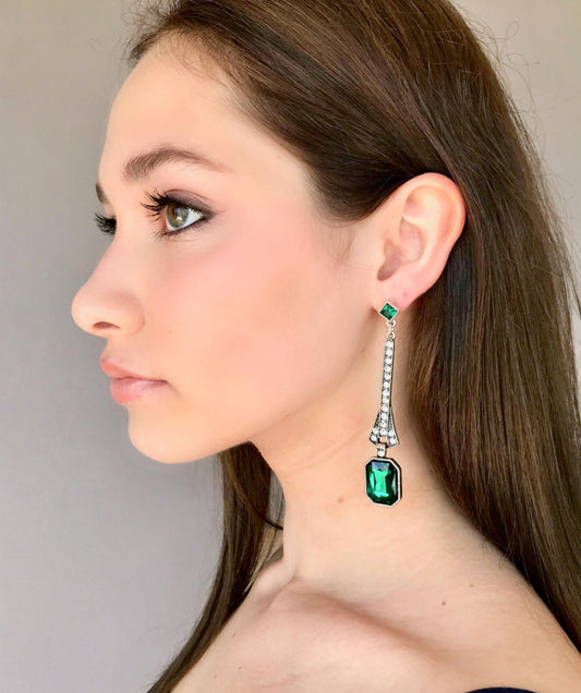 Art deco green crystal drop earrings