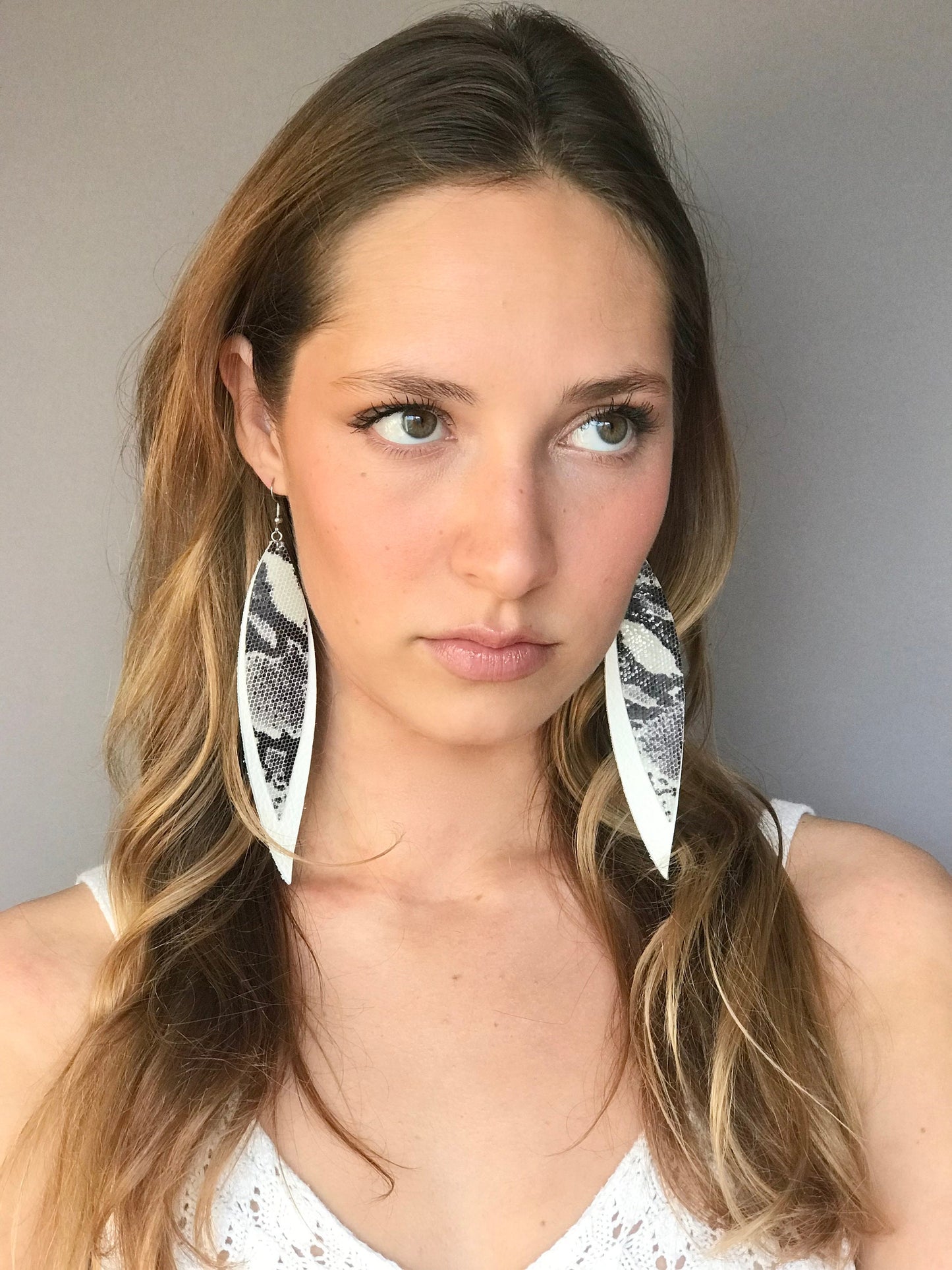 Black and white leaf earrings