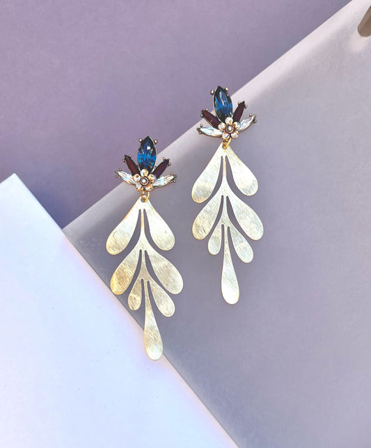 Gold leaf blue crystal earrings