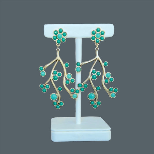 Green flower branch earrings