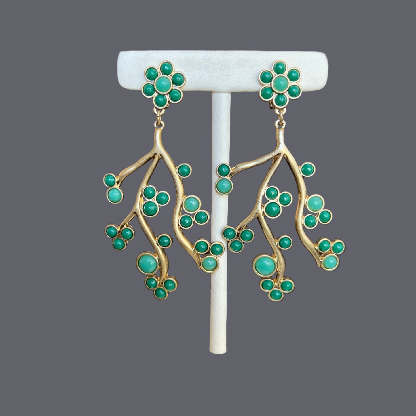 Green flower branch earrings