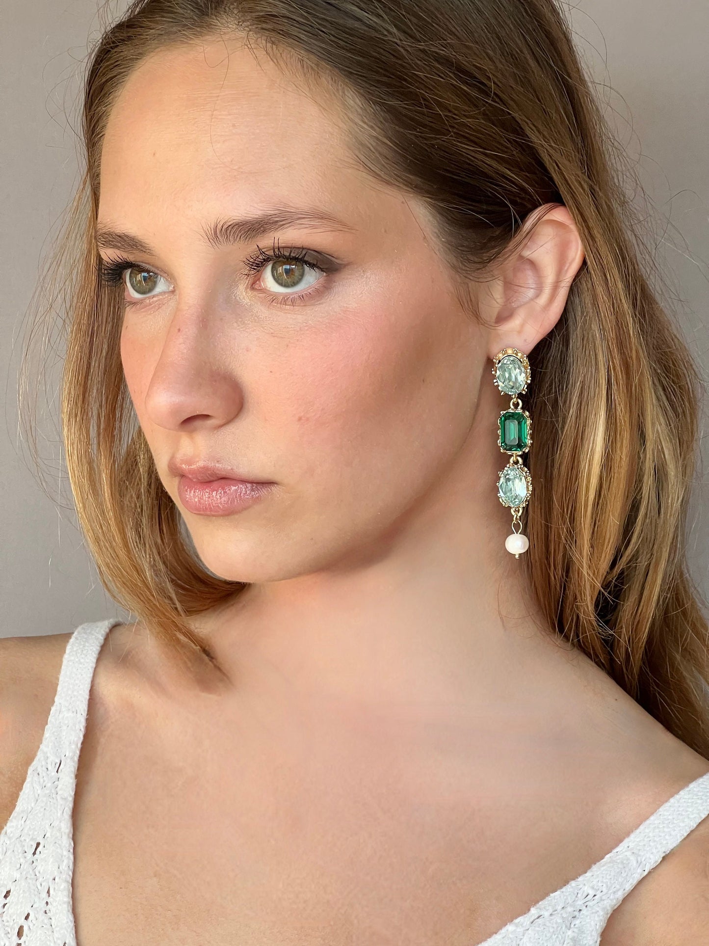 Green crystal long drop earrings