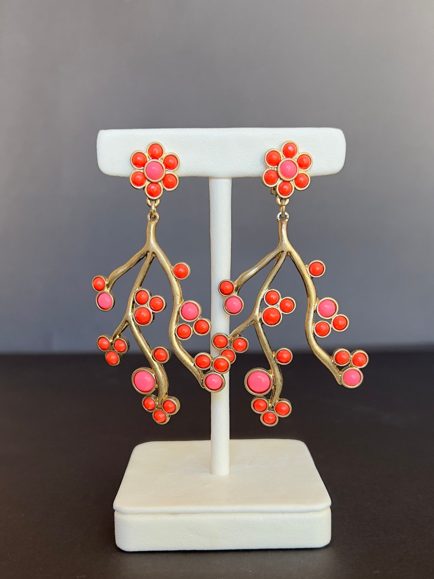 Green flower branch earrings
