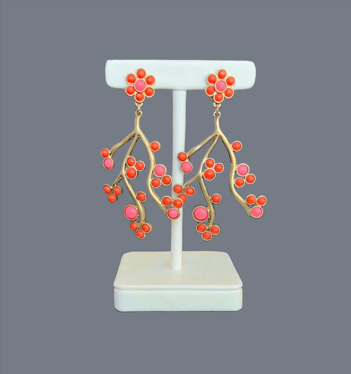 Green flower branch earrings