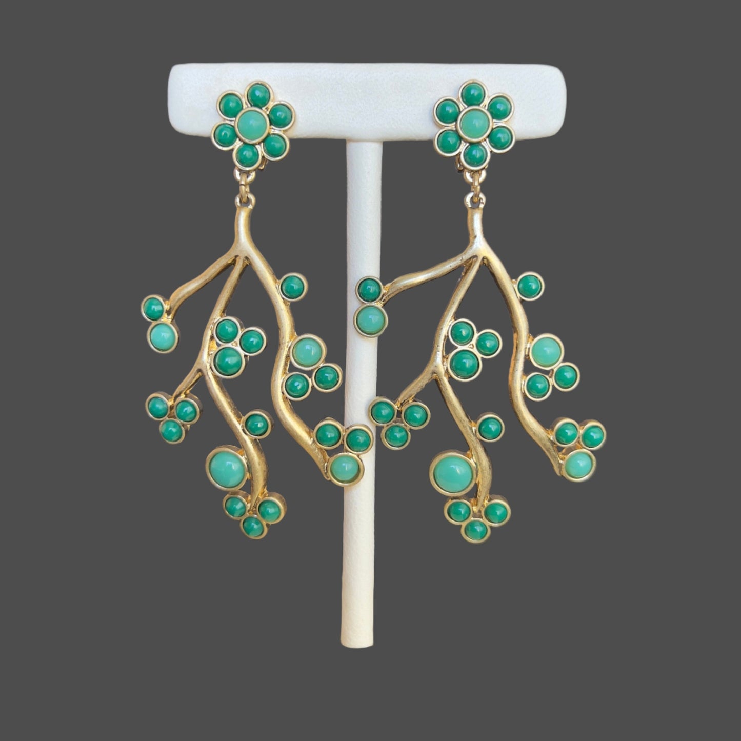 Green flower branch earrings