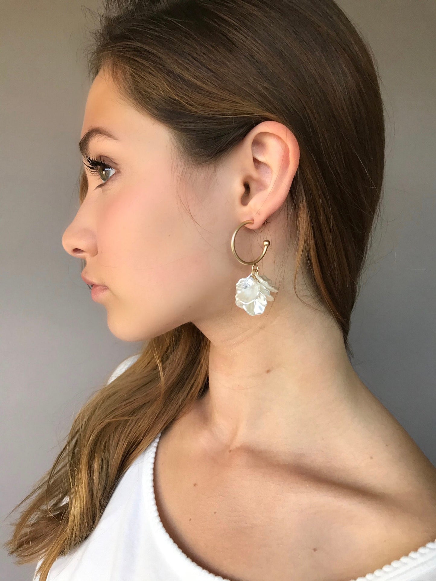 White petal hoop earrings