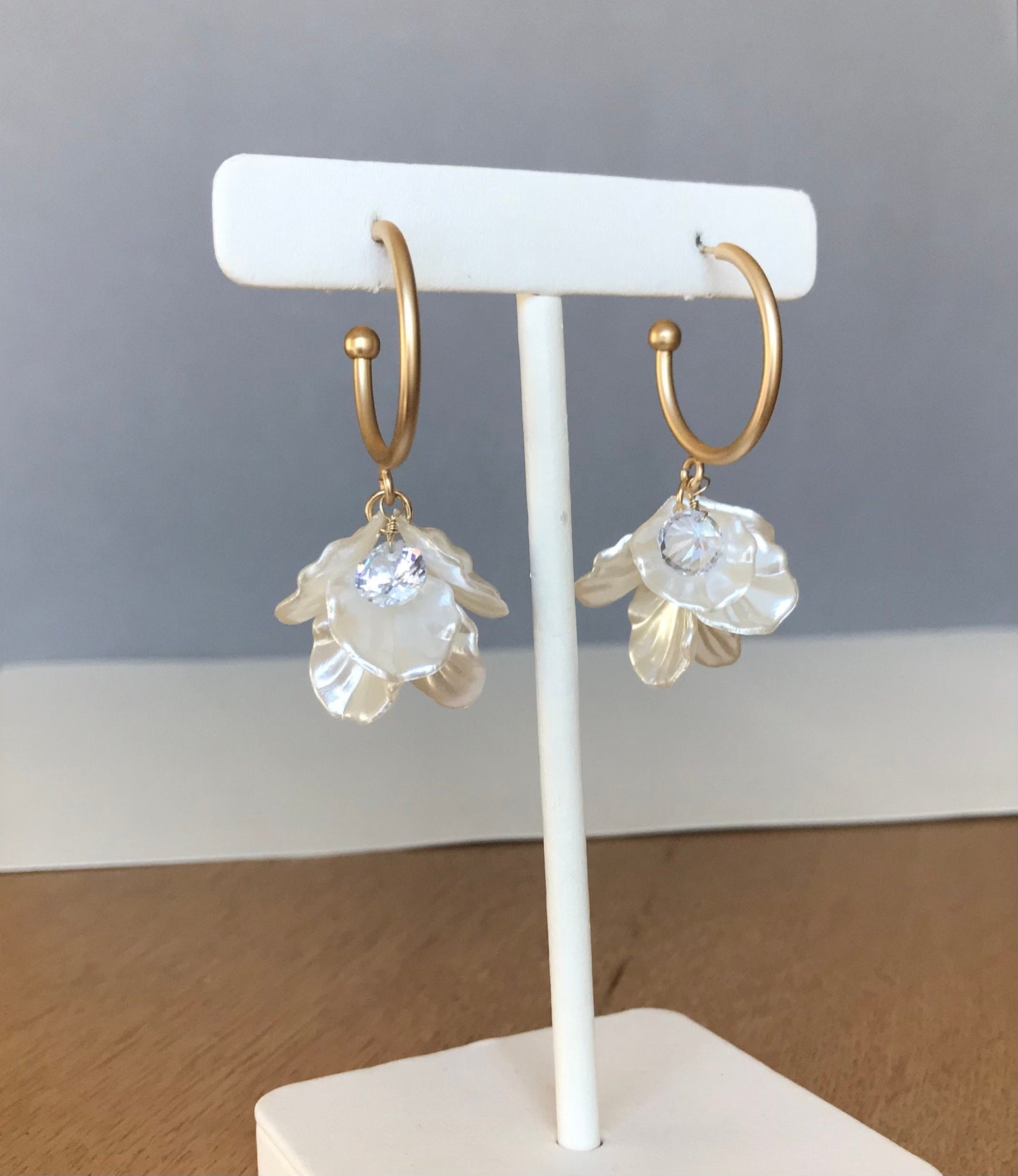 White petal hoop earrings